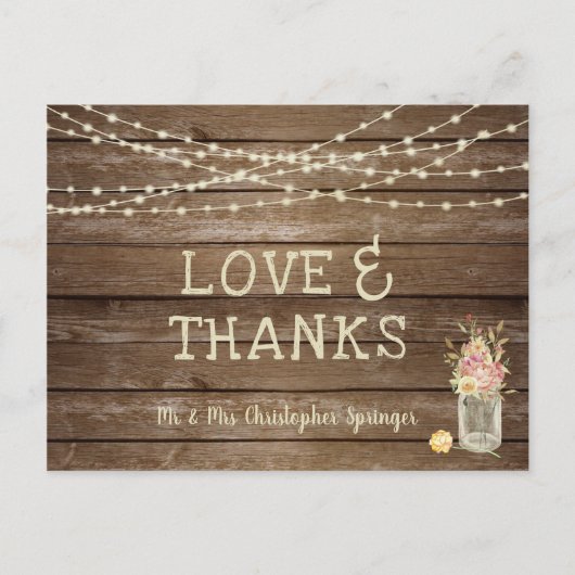 Rustieke Wood Mason Jar Flowers LIEFDE BEDANKT Bru Briefkaart (Voorkant)