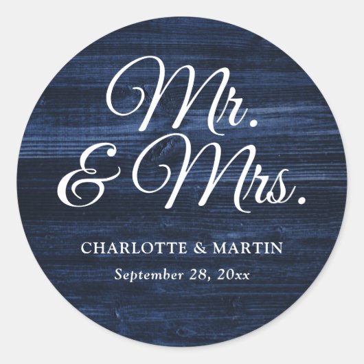 Rustieke Wood Navy Blue Mr en Mrs Wedding Ronde Sticker (Voorkant)