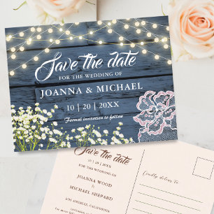 Rustieke Wood Navy Blue String Lights Save the Dat Briefkaart