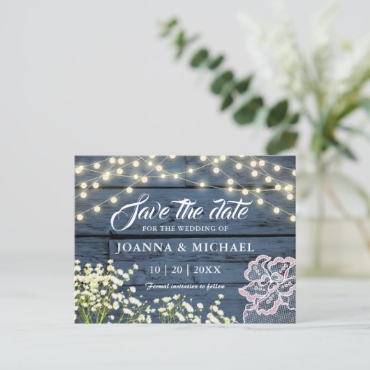 Rustieke Wood Navy Blue String Lights Save the Dat Briefkaart (Staand voorkant)