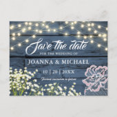 Rustieke Wood Navy Blue String Lights Save the Dat Briefkaart (Voorkant)