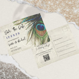 Rustieke  Wood Navy Turquoise Peacock Aankondigingskaart