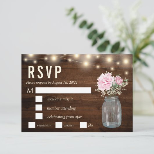 Rustieke Wood Peony Floral Mason RSVP-maaltijd Kaart (Staand voorkant)