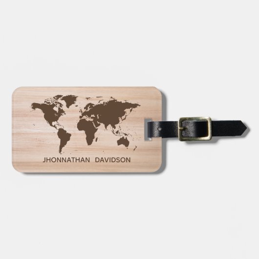 Rustieke Wood World Travel Map Bruine Naam Typogra Bagagelabel (Voorkant horizontaal)