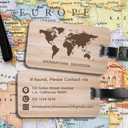Rustieke Wood World Travel Map Bruine Naam Typogra Bagagelabel