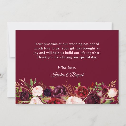 Rustieke Woodgrain Bourgondië Blush Bloemen Bruilo Bedankkaart (Achterkant)