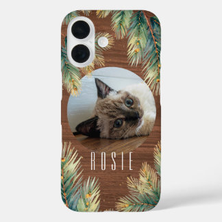 Rustieke Woodgrain Green Pine Branch Pet iPhone 16 Hoesje