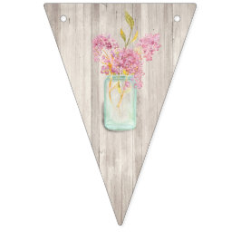 Rustieke Woodgrain Mason Jar Roze Bloemen Bruiloft Vlaggetjes