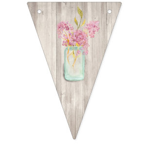 Rustieke Woodgrain Mason Jar Roze Bloemen Bruiloft Vlaggetjes