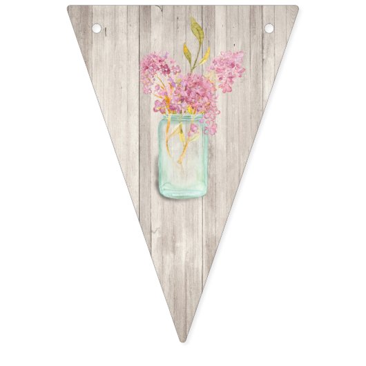 Rustieke Woodgrain Mason Jar Roze Bloemen Bruiloft Vlaggetjes (Eerste vlag)