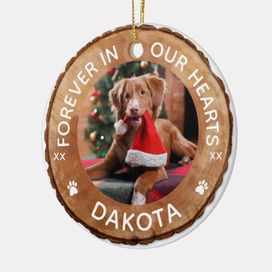 Rustieke Woodgrain Slice Memorial Pet Foto Keramisch Ornament (Links)
