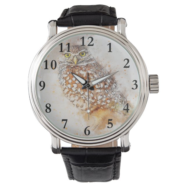 Rustieke Woodland Aquarel Uil Horloge (Voorkant)