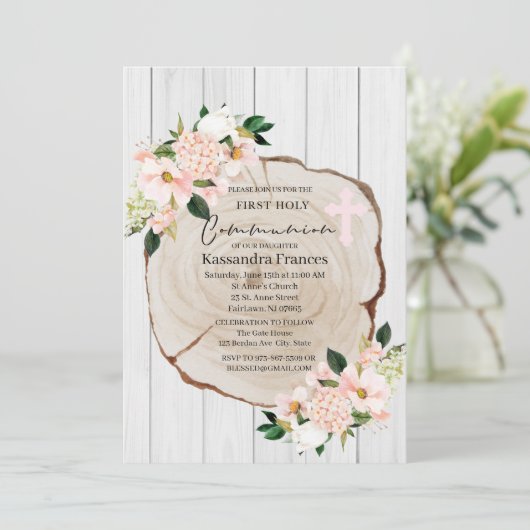 Rustieke Woodland Blush Bloemen Eerste Heilige Com Kaart (Staand voorkant)