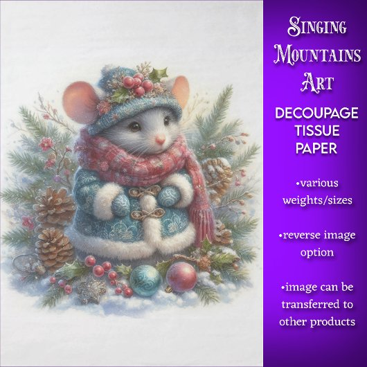 Rustieke Woodland Christmas Mouse Decoupage Tissuepapier