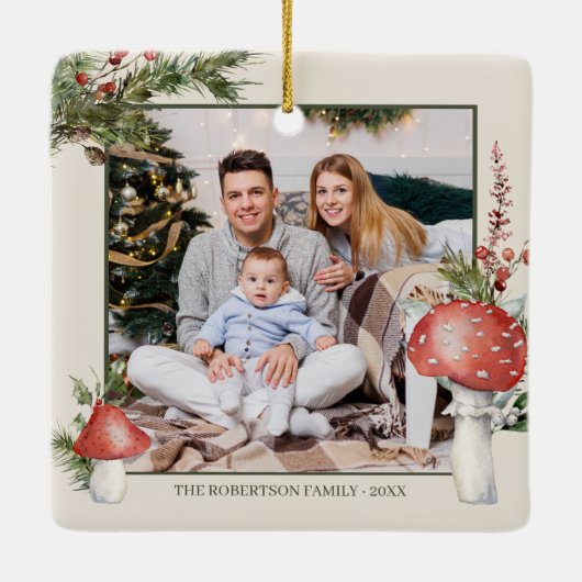 Rustieke Woodland Christmas Mushrooms Foto Keramisch Ornament (Achterkant)