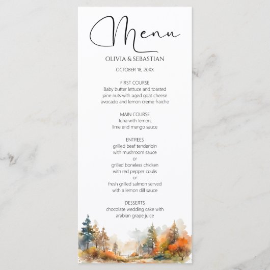Rustieke Woodland herfst bos bruiloft Menu (Voorkant)