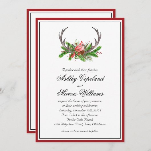 Rustieke Woodland Kardinaal en Antlers bruiloft Kaart (Voorkant / Achterkant)