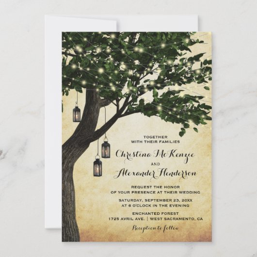  rustieke Woodland Lantaarn verlichte boom bruilof Kaart (Voorkant)