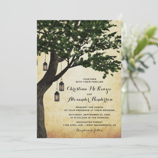  rustieke Woodland Lantaarn verlichte boom bruilof Kaart (Staand voorkant)