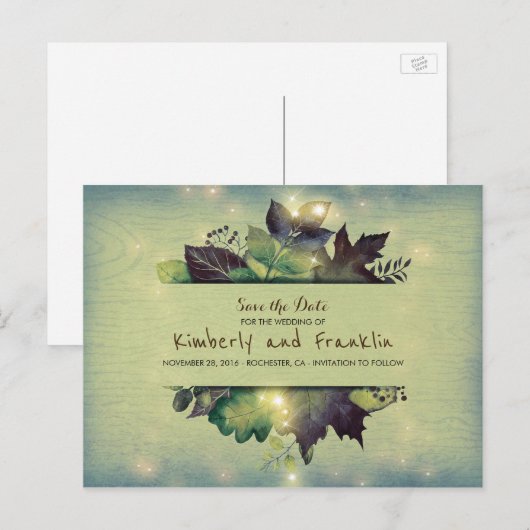 Rustieke Woodland Leaves and Lights Save the Date Aankondigingskaart (Voorkant / Achterkant)