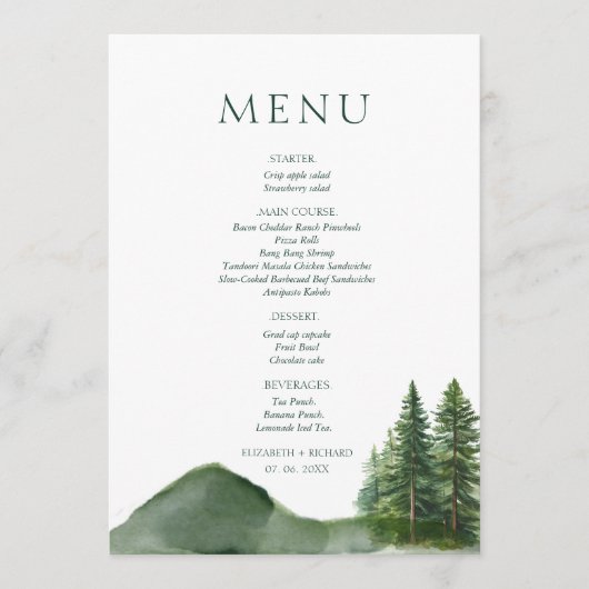 Rustieke Woodland Mountain Forest Pine Wedding Menu (Voorkant)