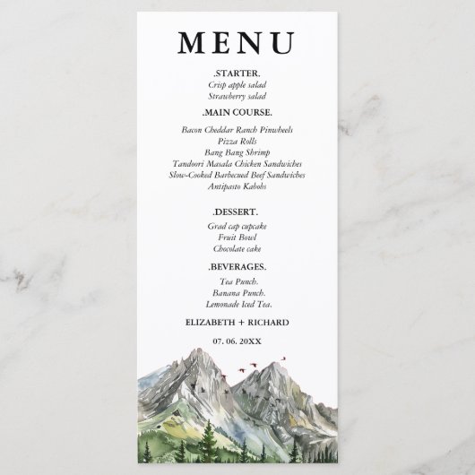 Rustieke Woodland Mountain Forest Pine Wedding Menu (Voorkant)