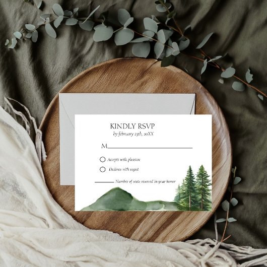 Rustieke Woodland Mountain Forest Pine Wedding RSVP Kaartje