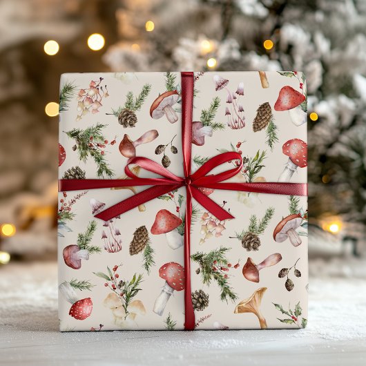 Rustieke Woodland Mushrooms Kerstmis Cadeaupapier