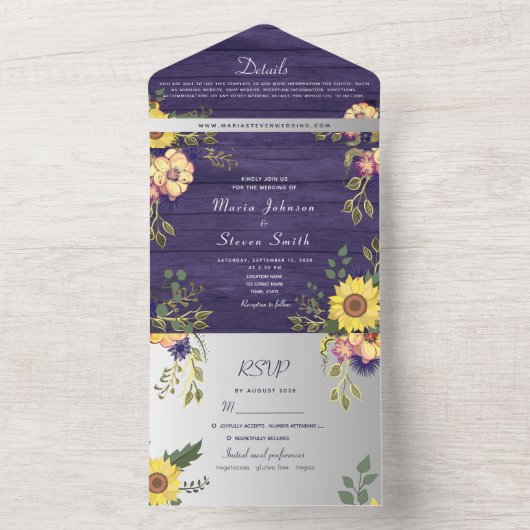 Rustieke Woodland Paarse Bloemen Huwelijk All In One Uitnodiging (Binnen)