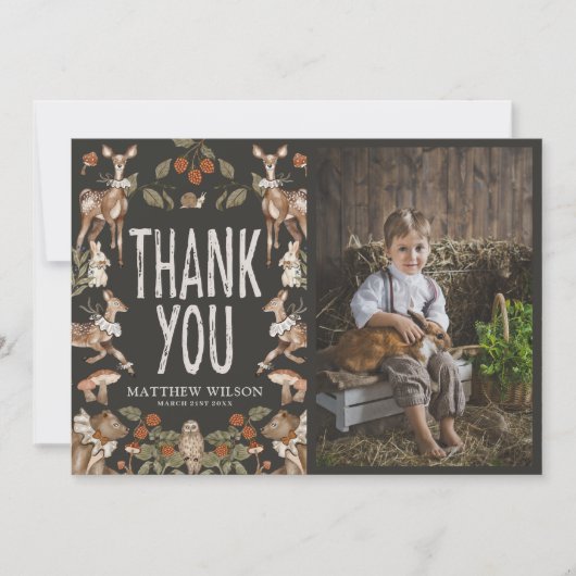 Rustieke Woodland Party Dier Verjaardag Foto Bedankkaart (Voorkant)