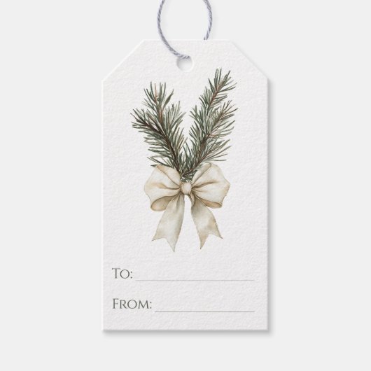 Rustieke Woodland Pine Branch en Bow Chic Kerstmis Cadeaulabel (Voorkant)