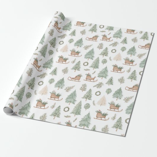 Rustieke Woodland Sleigh & Pine Cadeaupapier (Uitgerold)