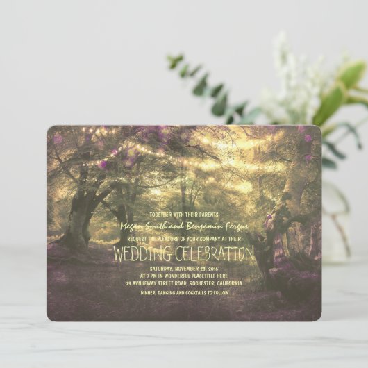 Rustieke Woodland String Lights Bomen Bruiloft Kaart (Staand voorkant)