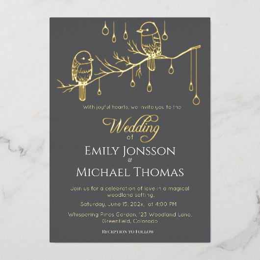 Rustieke Woodland Tortelduifjes Romantische bruilo Folie Uitnodiging (Voorkant)