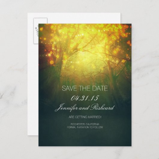 Rustieke Woodland Tree Lights Save The Date Aankondigingskaart (Voorkant / Achterkant)