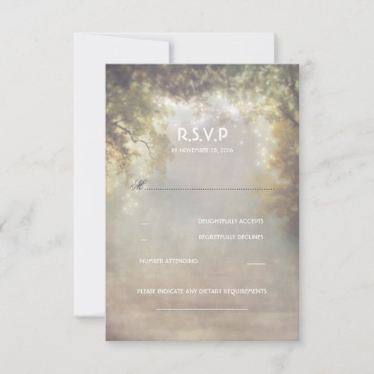 Rustieke Woodland Tree Lights Wedding RSVP Kaartje (Voorkant)