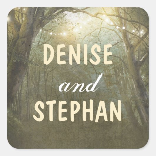 Rustieke Woodland Tree String Lights Bruiloft Vierkante Sticker (Voorkant)
