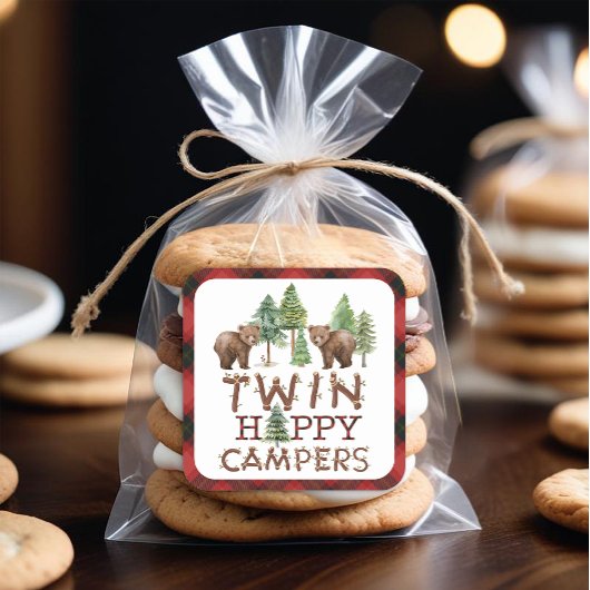 Rustieke Woodland Twins One Happy Camper Favor Vierkante Sticker