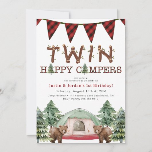 Rustieke Woodland Twins One Happy Camper Verjaarda Kaart (Voorkant)