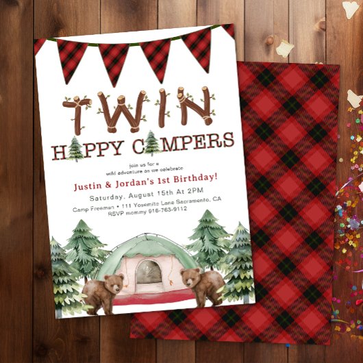 Rustieke Woodland Twins One Happy Camper Verjaarda Kaart