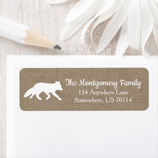 Rustieke Woodland White Fox Faux Burlap Etiket (Insitu)