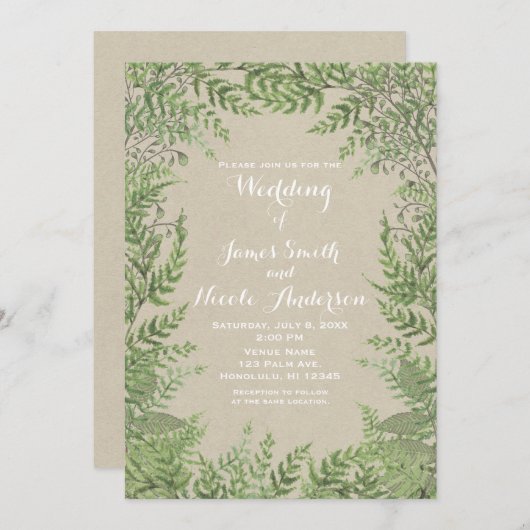 Rustieke Woodsy Botanical Leaves Kraft Wedding Kaart (Voorkant / Achterkant)