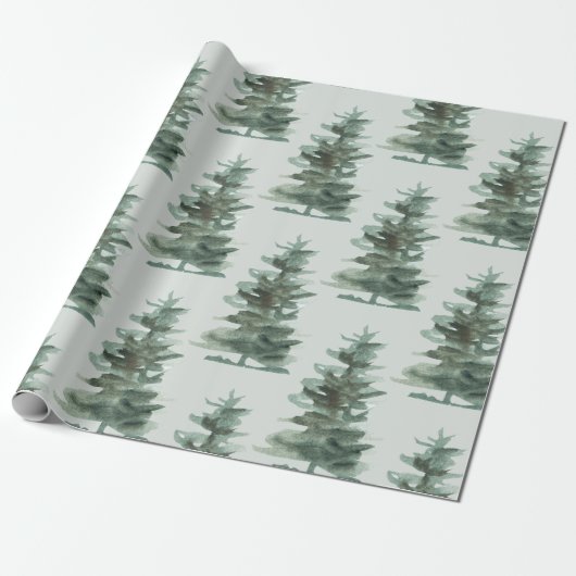 Rustieke Woodsy Green Waterverf Winter Pine Tree Cadeaupapier (Uitgerold)