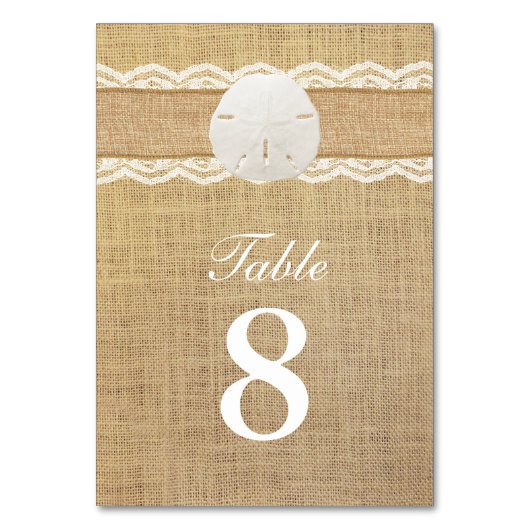 Rustieke Zand Dollar Kant & Burlap Tafelnummers (Voorkant)