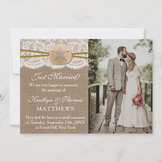 Rustieke Zand Dollar Strand Huwelijk Foto Huwelijk Aankondiging (Voorkant)