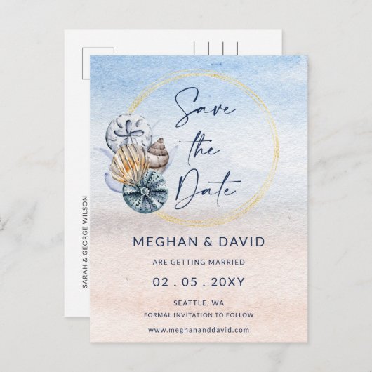 Rustieke Zeeschelpen Ocean Zee Beach Save the Date Aankondigingskaart (Voorkant / Achterkant)