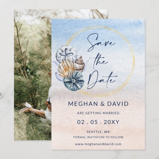 Rustieke zeeschelpen Ocean Zee Summer Beach Foto Save The Date (Voorkant / Achterkant)