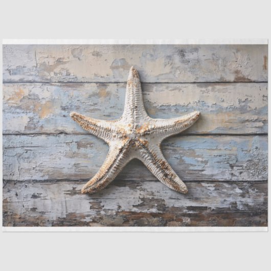 Rustieke zeesterren op verweerde houten decoupage tissuepapier (Voorkant)