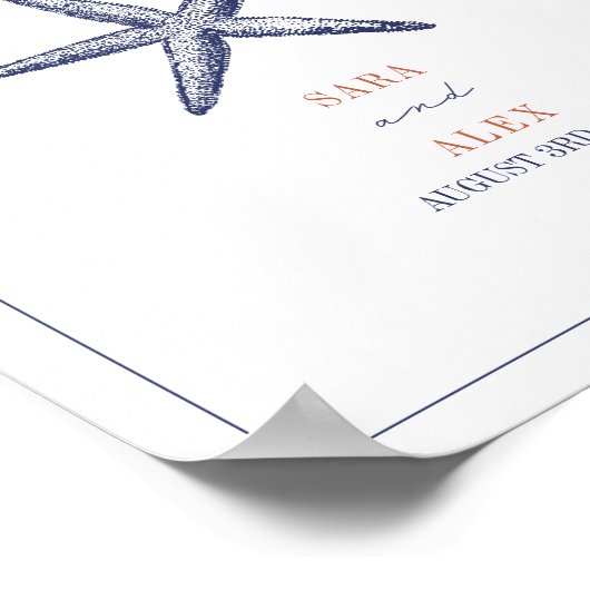 Rustieke zeesterren rood & blauw strand bruiloft w poster (Hoek)