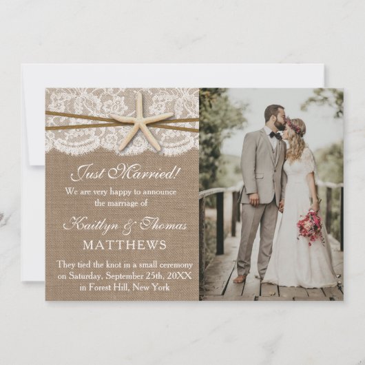 Rustieke zeesterren strand bruiloft foto huwelijk aankondiging (Voorkant)